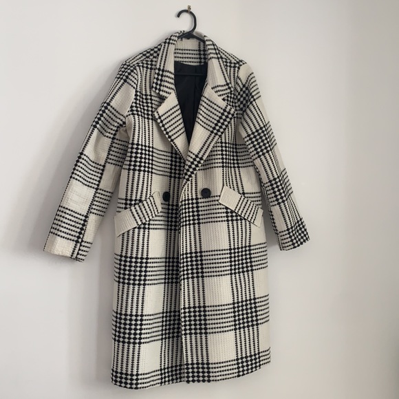 SHEIN Self Tie Plaid Pocket Black and White Coat - Picture 2 of 10